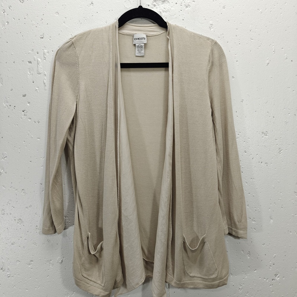Chicos‎ Womens Size 1 (Medium) Cardigan Beige Silk Blend Open Front